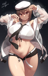 Rule 34 | 1girl, arms up, belt, beret, black background, black bra, black necktie, black shorts, bra, breasts, brown eyes, brown hair, closed mouth, collared shirt, cowboy shot, curvy, hair between eyes, hat, highres, huge breasts, jacket, looking at viewer, navel, necktie, open clothes, open fly, open jacket, original, samegami, see-through, see-through jacket, shirt, short hair, shorts, signature, simple background, smile, solo, stomach, taut clothes, taut shirt, thighs, underboob, underwear, white hat, white jacket, white shirt, wide hips