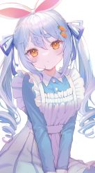 Rule 34 | 1girl, animal ears, blue hair, blue ribbon, blue shirt, blush, carrot hair ornament, food-themed hair ornament, gaogao (gaogaomegu), greyscale, hair between eyes, hair ornament, hair ribbon, highres, hololive, long hair, long sleeves, looking at viewer, monochrome, multicolored hair, orange eyes, rabbit ears, rabbit girl, ribbon, shirt, short eyebrows, simple background, solo, thick eyebrows, tied ears, twintails, two-tone hair, usada pekora, v arms, virtual youtuber, white background, white hair