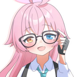 Rule 34 | 1girl, absurdres, ahoge, bespectacled, black-framed eyewear, black gloves, blue archive, blue eyes, blue necktie, blush, collared shirt, fang, fingerless gloves, glasses, gloves, hair between eyes, halo, heterochromia, highres, hoshino (blue archive), long hair, looking at viewer, necktie, open mouth, petako (ptpt k), pink hair, pink halo, portrait, shirt, simple background, skin fang, smile, solo, white background, white shirt, yellow eyes
