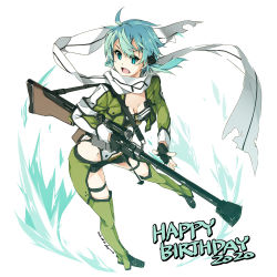 Rule 34 | 1girl, anti-materiel rifle, aqua eyes, aqua hair, black shorts, bolt action, breasts, cropped jacket, green jacket, gun, hair ornament, hairclip, happy birthday, highres, jacket, open mouth, pgm hecate ii, rifle, scarf, shikei, shiny skin, short hair, short hair with long locks, shorts, simple background, sinon, small breasts, sniper rifle, solo, standing, sword art online, thighs, weapon, white background