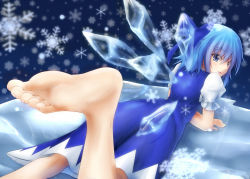 Rule 34 | 1girl, :p, barefoot, blue eyes, blue hair, bow, cirno, feet, foot focus, foreshortening, from behind, hair bow, ice, looking at viewer, looking back, lying, matching hair/eyes, on stomach, short hair, smile, snowflakes, soles, solo, toes, tongue, tongue out, touhou, wings