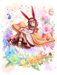 Rule 34 | 1girl, absurdres, animal ears, blue rose, boots, bow, braid, brown hair, rabbit, rabbit ears, dress, easter, easter egg, egg, flower, green rose, hair bow, highres, leaf, long hair, looking at viewer, mr. j.w, open mouth, original, paintbrush, painting (action), red bow, red eyes, rose, solo, twin braids, white footwear, wide sleeves, yellow eyes