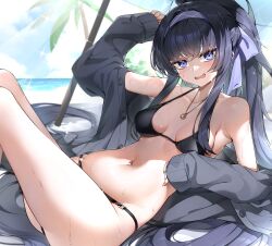 Rule 34 | 1girl, absurdres, armpits, bag, bare shoulders, beach, beach umbrella, bikini, black bikini, black hair, blue archive, blue hairband, blush, breasts, breasts apart, cardigan, casul, collarbone, feet out of frame, grey cardigan, hairband, highres, knees up, light rays, long hair, looking at viewer, lying, navel, no halo, official alternate costume, on back, open cardigan, open clothes, palm tree, purple eyes, sidelocks, small breasts, solo, stomach, sweat, swimsuit, tree, ui (blue archive), ui (swimsuit) (blue archive), umbrella, very long hair