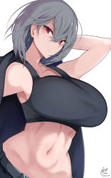 Rule 34 | 1girl, abs, black coat, black pants, black sports bra, breasts, closed mouth, coat, collarbone, commentary request, dated, earrings, grey hair, hair between eyes, hand in own hair, highres, jewelry, large breasts, looking at viewer, navel, original, pants, red eyes, short hair, signature, simple background, solo, sports bra, stomach, toned, white background, yuzuki himuka