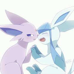 Rule 34 | affectionate, blush, bright pupils, commentary request, creatures (company), espeon, game freak, gen 2 pokemon, gen 4 pokemon, glaceon, highres, holding hands, iie efg, nintendo, no humans, open mouth, pokemon, pokemon (creature), sharp teeth, signature, simple background, smile, teeth, white background, white pupils
