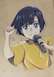 Rule 34 | 1boy, absurdres, amano nagi, artist name, black hair, closed mouth, colored pencil (medium), commentary, commentary request, dated, english commentary, highres, holding, holding microphone, korean commentary, looking at viewer, making-of available, microphone, mixed-language commentary, p.art, purple eyes, shirt, short hair, short sleeves, simple background, smile, solo, tenki no ko, traditional media, upper body, yellow shirt