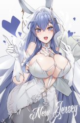 Rule 34 | 1girl, animal ears, artist name, azur lane, breasts, bridal veil, character name, cleavage, cowboy shot, dress, fake animal ears, gloves, hair between eyes, highres, kive, large breasts, long hair, looking at viewer, new jersey (azur lane), new jersey (snow-white ceremony) (azur lane), official alternate costume, open mouth, purple eyes, purple hair, rabbit ears, simple background, solo, veil, very long hair, wedding dress, white background, white gloves