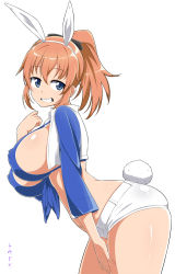 Rule 34 | 1girl, animal ears, bikini, bikini top only, blue bikini, blue eyes, breasts, charlotte e. yeager, covered erect nipples, fake animal ears, from side, front-tie top, grin, hairband, highres, large breasts, leaning forward, leotard, long sleeves, looking at viewer, looking to the side, navel, open clothes, open vest, orange hair, parted lips, playboy bunny, ponytail, rabbit ears, rabbit girl, shiny skin, short hair, short shorts, shorts, skindentation, smile, solo, stomach, strap gap, strike witches, swimsuit, teeth, thighs, toudori, vest, white shorts, white vest, world witches series