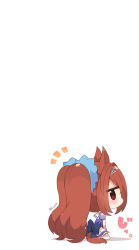 Rule 34 | 1girl, alternate hairstyle, animal ears, blue bow, blush, bow, brown hair, chibi, closed mouth, daiwa scarlet (umamusume), highres, horse ears, horse girl, horse tail, long hair, looking at viewer, looking back, muuran, notice lines, pleated skirt, profile, puffy short sleeves, puffy sleeves, purple shirt, red eyes, school uniform, shadow, shirt, short sleeves, sitting, skirt, solo, tail, thighhighs, tracen school uniform, translation request, twintails, twitter username, umamusume, very long hair, wariza, white background, white skirt, white thighhighs