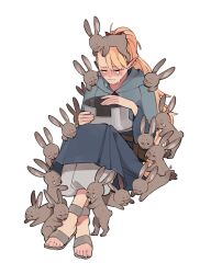 Rule 34 | 1girl, animal, animal on head, animal on leg, animal on shoulder, armor, asymmetrical bangs, belt pouch, blonde hair, blue capelet, blue robe, blush, borrowed clothes, capelet, closed eyes, closed mouth, comforting, commentary, crossed ankles, crying, dungeon meshi, ear blush, elf, full body, gorget, hair ribbon, highres, holding, hood, hood down, hooded capelet, hug, invisible chair, korean commentary, long hair, long sleeves, marcille donato, mourning, on head, p1ngd0, pants, pointy ears, ponytail, pouch, red ribbon, ribbon, robe, sad, sandals, sitting, surrounded, unworn armor, white background, white pants
