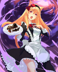 Rule 34 | 1girl, absurdres, animal ears, apron, blonde hair, character request, chocolate, falkyrie no monshou, hairband, highres, kagetomo midori, maid apron, red eyes, ribbon, solo