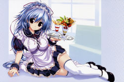Rule 34 | 1girl, absurdres, blue hair, bow, breasts, hair bow, highres, large breasts, lying, maid headdress, mitsumine minato, oshiki hitoshi, parfait, shoes, solo, suzunone seven, thighhighs, tray, waitress, white thighhighs, zettai ryouiki