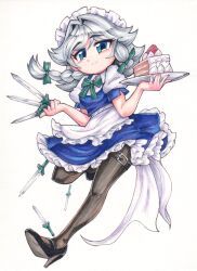 1girl apron blue_dress blue_eyes bow braid cake dress food green_bow grey_hair hair_bow high_heels highres holding holding_tray izayoi_sakuya knife maid maid_apron maid_headdress pantyhose short_hair simple_background smile solo takki_thammawan touhou tray twin_braids waist_apron white_background