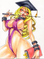 Rule 34 | 1girl, bdsm, blonde hair, blue eyes, book, breasts, collar, cuffs, covered erect nipples, female focus, glasses, long hair, looking at viewer, navel, open mouth, original, rodeorodeo, solo, swimsuit, teacher