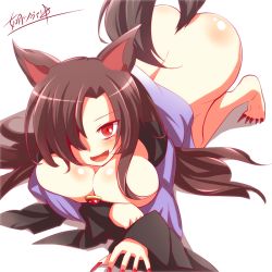 Rule 34 | 1girl, all fours, animal ears, ass, bad id, bad pixiv id, barefoot, bottomless, breasts, brooch, brown hair, cleavage, fang, hair over one eye, imaizumi kagerou, jewelry, kisaragi zwei, large breasts, long hair, long sleeves, open mouth, red eyes, revision, shirt, smile, solo, tail, touhou, werewolf, wide sleeves, wolf ears, wolf tail