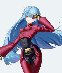 Rule 34 | 1girl, belt, blue hair, bodysuit, breasts, cowboy shot, fenglansishui, gloves, highres, kula diamond, long hair, looking at viewer, one eye closed, purple eyes, salute, simple background, small breasts, smile, the king of fighters, two-finger salute, white background, zipper