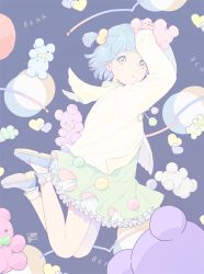 Rule 34 | 1girl, :o, arms up, blue hair, blunt bangs, bobby socks, child, dress, frilled dress, frills, from side, hair bobbles, hair ornament, holding, holding stuffed toy, jumping, looking at viewer, mary janes, mosuko, original, pale color, parted lips, petticoat, pom pom (clothes), shoes, short hair, short twintails, socks, solo, stuffed animal, stuffed toy, tareme, teddy bear, twintails, yellow eyes