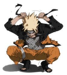 1boy black_footwear dong2taku fishnet_top fishnets forehead_protector highres jumpsuit konohagakure_symbol kunai male_focus naruto_(series) naruto_shippuuden orange_jumpsuit orange_pants pants simple_background solo squatting toeless_footwear uzumaki_naruto weapon white_background