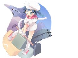 Rule 34 | 1girl, beret, blue eyes, blue hair, crossed arms, full body, gloves, hammer, hat, holding, holding weapon, looking at viewer, marzy dog, matching hair/eyes, original, puffy sleeves, short hair, simple background, solo, standing, weapon, white background, white gloves