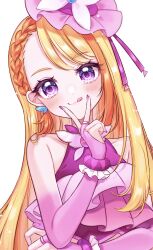Rule 34 | 1girl, :q, absurdres, blonde hair, blush, bridal gauntlets, butterfly earrings, cure butterfly, earrings, halterneck, highres, hijiri ageha, hirogaru sky! precure, jewelry, kuzumochi, long hair, magical girl, nail polish, pink headwear, pink nails, precure, purple eyes, solo, tongue, tongue out, v over mouth