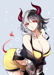 Rule 34 | 1girl, absurdres, animal print, black hair, breasts, cleavage, collarbone, cow horns, cow print, cow tail, cowboy shot, grey background, grey hair, hair between eyes, haori, highres, horns, japanese clothes, large breasts, medium hair, multicolored hair, open mouth, raptor7, red eyes, red horns, shorts, simple background, solo, split-color hair, tail, touhou, ushizaki urumi, yellow shorts