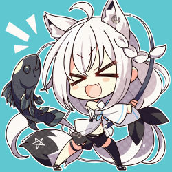 Rule 34 | &gt; &lt;, 1girl, 7:08, ahoge, animal ear fluff, animal ears, black bow, black shorts, black thighhighs, blue background, blush, bow, braid, chibi, commentary request, detached sleeves, earrings, fang, fish, fishing rod, fox ears, fox girl, fox tail, hair between eyes, hair bow, highres, hololive, hood, hoodie, jewelry, long hair, looking at viewer, midriff, navel, notice lines, open mouth, pentagram, shirakami fubuki, shirakami fubuki (1st costume), short shorts, shorts, sidelocks, simple background, single braid, single thighhigh, skin fang, solo, tail, thigh strap, thighhighs, v-shaped eyebrows, very long hair, virtual youtuber, white hair, white hoodie