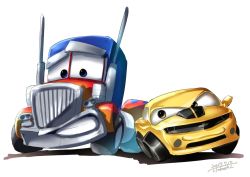 Rule 34 | 2boys, autobot, blue eyes, bumblebee, bumblebee (transformers), car, cars (movie), chevrolet, chevrolet camaro, clenched teeth, crossover, dated, i.takashi, lightning mcqueen, motor vehicle, multiple boys, no humans, optimus prime, parody, semi truck, simple background, style parody, teeth, tow mater, transformers, transformers (live action), truck, vehicle focus, white background, yellow eyes
