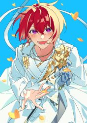 Rule 34 | 1boy, absurdres, blue background, blush, buttons, commentary, earrings, ensemble stars!, flower, gold necklace, heidbd, highres, jewelry, lapels, long sleeves, lower teeth only, male focus, necklace, notched lapels, open mouth, purple eyes, red hair, short hair, single earring, solo, suou tsukasa, teeth