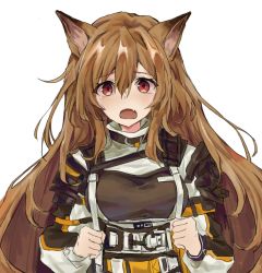 Rule 34 | 1girl, animal ears, arknights, armor, bad id, bad pixiv id, baggy clothes, belt, belt buckle, blush, breasts, buckle, ceobe (arknights), clenched hands, d:, dog ears, dog girl, fang, heart, jacket, large breasts, light brown hair, long hair, long sleeves, looking at viewer, open mouth, qls, red eyes, shoulder armor, shoulder pads, simple background, upper body, white background
