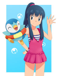 Rule 34 | 1girl, bare shoulders, blue eyes, blue hair, blush, creatures (company), dawn (pokemon), game freak, gen 4 pokemon, highres, long hair, love (pspdspsp), matching hair/eyes, nintendo, piplup, pokemon, pokemon (anime), pokemon (creature), pokemon dppt (anime), pokemon: arceus and the jewel of life, ponytail, simple background, smile, solo, swimsuit