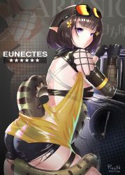 Rule 34 | 1girl, arknights, artist name, ass, bandeau, black gloves, black hair, breasts, character name, commentary, english commentary, eunectes (arknights), from behind, gloves, goggles, goggles on head, highres, looking at viewer, looking back, medium breasts, pointy ears, purple eyes, redn art, short hair, signature, skindentation, snake tail, solo, star (symbol), strapless, tail, thigh strap, thighs, torn clothes, tube top, zoom layer