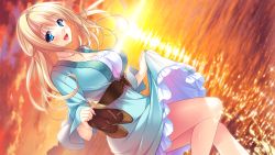 Rule 34 | 1girl, ane yome quartet, ayase hazuki, blonde hair, blue eyes, blush, breasts, cleavage, dress, evening, game cg, hanabishi momone, happy, hisasi, large breasts, legs, long hair, looking at viewer, ocean, open mouth, shoes, smile, solo, standing, sun, sunset, thighs, water