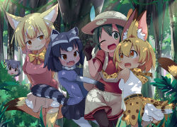 Rule 34 | 10s, 5girls, :3, :d, ;d, animal ears, arms behind back, backpack, bag, black gloves, black hair, black skirt, blonde hair, boots, bow, bowtie, brown eyes, commentary request, common raccoon (kemono friends), dappled sunlight, day, elbow gloves, fang, fennec (kemono friends), forest, fox ears, fox tail, fur collar, girl sandwich, gloves, green eyes, green hair, grey hair, hat, hat feather, highres, hug, kaban (kemono friends), kemono friends, makuran, multicolored hair, multiple girls, nature, one eye closed, open mouth, orange eyes, otter ears, outdoors, pantyhose, pantyhose under shorts, peeking out, plant, print gloves, print skirt, raccoon ears, raccoon tail, red shirt, sandwiched, serval (kemono friends), serval print, serval tail, shirt, short hair, shorts, skirt, sleeveless, sleeveless shirt, small-clawed otter (kemono friends), smile, striped tail, sunlight, tail, thighhighs, tree, white footwear, white hair, white legwear, white shirt, yellow legwear