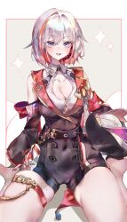Rule 34 | 1girl, absurdres, barefoot, blush, border, breasts, cleavage, cocoballking, collar, collarbone, colored inner hair, detached sleeves, hair ornament, hairpin, highres, honkai: star rail, honkai (series), large breasts, long sleeves, medium hair, multicolored hair, navel, open mouth, outside border, sitting, sleeveless, solo, streaked hair, thigh strap, topaz (honkai: star rail), two-tone hair, wariza, white border