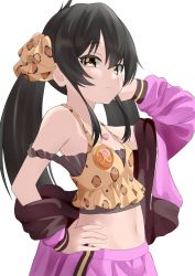 Rule 34 | 1girl, absurdres, animal print, black hair, blush, camisole, hand on own hip, heart, heart necklace, highres, idolmaster, idolmaster cinderella girls, jacket, leopard print, long hair, looking at viewer, matoba risa, midriff, necklace, off shoulder, pink jacket, smile, solo, twintails, very long hair, yellow eyes