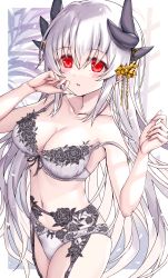 Rule 34 | 1girl, blush, bra, breasts, cleavage, collarbone, dragon girl, dragon horns, fate/grand order, fate (series), garter belt, garter straps, hands up, highres, horns, kiyohime (fate), kiyohime (third ascension) (fate), large breasts, long hair, looking at viewer, morizono shiki, navel, panties, parted lips, red eyes, solo, underwear, white background, white bra, white hair, white panties