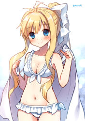 Rule 34 | 1girl, air (visual novel), bikini, blonde hair, blue eyes, blush, breasts, cleavage, closed mouth, collarbone, cowboy shot, frilled bikini, frills, front-tie bikini top, front-tie top, groin, hair between eyes, holding, holding towel, kamio misuzu, long hair, looking at viewer, mauve, medium breasts, navel, ponytail, simple background, smile, solo, swimsuit, thigh gap, towel, twitter username, very long hair, white background, white bikini