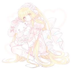 1girl absurdly_long_hair animal_ears back_bow blonde_hair blush bow chii chobits doll dress empty_eyes fake_animal_ears full_body hairband highres holding holding_doll long_hair looking_at_viewer mipi_(u3u_00) my_melody onegai_my_melody pink_dress pink_hairband puffy_short_sleeves puffy_sleeves sanrio short_sleeves sidelocks simple_background sketch solo very_long_hair white_background yellow_eyes