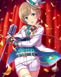 Rule 34 | 10s, 1girl, artist request, belt, blue eyes, brown hair, confetti, earrings, fingerless gloves, gloves, hat, idolmaster, idolmaster cinderella girls, jewelry, manaka misato, microphone, nail polish, official art, ring, shirt, short hair, shorts, solo, striped clothes, striped shirt, thighhighs, vertical-striped clothes, vertical-striped shirt, vintage microphone, white shorts