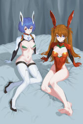 Rule 34 | 2girls, absurdres, animal ears, arm support, ass, ayanami rei, bare legs, barefoot, bed, bed sheet, blue eyes, blue hair, blush, boots, breasts, cleavage, closed mouth, cola-alter, covered navel, elbow gloves, fake animal ears, female focus, full body, gloves, highleg, highleg leotard, highres, leotard, long hair, looking at viewer, maebari, medium breasts, meme attire, multiple girls, navel, neon genesis evangelion, nude, on bed, parted lips, pasties, playboy bunny, plugsuit, rabbit ears, red eyes, red gloves, red leotard, reverse bunnysuit, reverse outfit, shiny clothes, shiny skin, short hair, shrug (clothing), sitting, soles, souryuu asuka langley, strapless, strapless leotard, thigh boots, toes, twintails, two side up, very long hair, white footwear, white gloves, wide hips