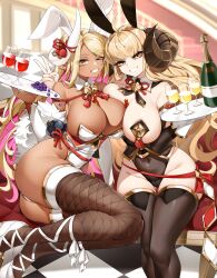 Rule 34 | 2girls, ahoge, anila (granblue fantasy), animal ears, ass, asymmetrical docking, bare shoulders, black leotard, black thighhighs, blonde hair, blurry, blurry background, bottle, breast press, breasts, casul, checkered floor, cleavage, covered navel, curled horns, dark-skinned female, dark skin, detached collar, draph, fake animal ears, fishnet thighhighs, fishnets, food, fruit, gluteal fold, granblue fantasy, grapes, grin, groin, highleg, highleg leotard, highres, holding, holding tray, horns, indoors, kumbhira (granblue fantasy), large breasts, leotard, long hair, looking at viewer, multiple girls, nipple tassels, one eye closed, parted bangs, pasties, playboy bunny, rabbit ears, skindentation, smile, stairs, strapless, strapless leotard, tassel, thick eyebrows, thigh gap, thighhighs, thighs, tile floor, tiles, tray, v, white footwear, white leotard, wine bottle, yellow eyes