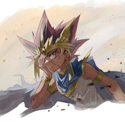 Rule 34 | 1boy, armlet, atem, black hair, blonde hair, bracelet, cape, commentary request, covering one eye, ear piercing, earrings, fushitasu, jewelry, male focus, parted lips, piercing, purple eyes, red hair, ring, solo, spiked hair, yu-gi-oh!, yu-gi-oh! duel monsters