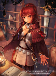 Rule 34 | 1girl, anna (fire emblem), axe, breasts, cleavage, copyright name, copyright notice, cuboon, fire emblem, fire emblem cipher, nintendo, official art, ponytail, red eyes, red hair, solo, sword, weapon