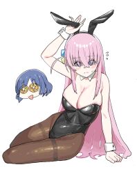 Rule 34 | 2girls, animal ears, black pantyhose, blue eyes, blush, bocchi the rock!, breasts, chinese zodiac, cleavage, collarbone, covered navel, crossed bangs, detached collar, embarrassed, gotoh hitori, hair between eyes, large breasts, leaning to the side, leotard, long hair, mole, mole under eye, multiple girls, new year, pantyhose, pink hair, playboy bunny, rabbit ears, shaded face, shiny clothes, sitting, skin tight, thigh strap, thighs, urrrt, very long hair, wrist cuffs, yamada ryo, year of the rabbit