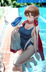 Rule 34 | 1girl, absurdres, barefoot, bottle, breasts, brown eyes, brown hair, cleavage, competition swimsuit, covered navel, headband, highres, jacket, kasugano sakura, medium breasts, official alternate costume, one-piece swimsuit, open clothes, open jacket, pool, poolside, red headwear, sato one1, short hair, solo, street fighter, street fighter v, swimsuit, toes, toned, track jacket, water bottle, wet