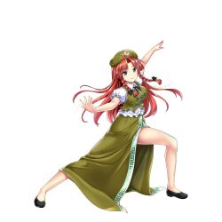 Rule 34 | 1girl, :&gt;, beret, black footwear, braid, breasts, chinese clothes, closed mouth, embodiment of scarlet devil, flats, full body, game cg, green eyes, green hat, green skirt, hat, hat ornament, highres, hong meiling, large breasts, long hair, looking at viewer, parted bangs, red hair, rotte (1109), short sleeves, side braids, simple background, skirt, smile, solo, star (symbol), star hat ornament, third-party source, touhou, touhou lostword, twin braids, white background