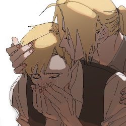 Rule 34 | 2boys, alphonse elric, blonde hair, brothers, crying, edward elric, closed eyes, fingernails, fullmetal alchemist, grey shirt, hands on another&#039;s head, hands on own face, kiss, kissing forehead, lowres, male focus, multiple boys, p0ckylo, ponytail, sad, shaded face, shirt, siblings, simple background, tears, waistcoat, white background, white shirt