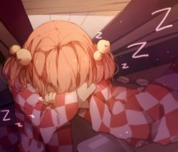 Rule 34 | 1girl, bell, book, checkered clothes, checkered kimono, from above, hair bell, hair ornament, highres, japanese clothes, kimono, lucky small pride, motoori kosuzu, short hair, sitting, sleeping, touhou, two side up, zzz