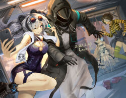 Rule 34 | 1boy, 3girls, animal ears, arknights, artist name, black coat, black gloves, blonde hair, breasts, brown hair, character request, china dress, chinese clothes, cleavage, coat, dated, doctor (arknights), dress, dutch angle, eyewear on head, feater (arknights), gloves, holding, holding phone, looking at viewer, multicolored hair, multiple girls, one eye closed, panda ears, panda girl, phone, red eyes, selfie, smile, striped hair, takechi akinobu, thigh strap, two-tone hair, two side up, v