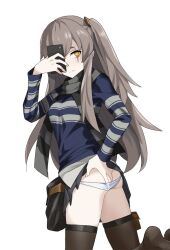 1girl ass black_scarf black_thighhighs brown_hair cellphone girls&#039;_frontline grabbing_own_ass grey_scarf holding holding_phone long_hair looking_at_viewer ningen_(ningen96) official_alternate_costume one_side_up panties panty_pull phone pleated_skirt scar scar_across_eye scar_on_face scarf selfie skirt smartphone solo striped_clothes striped_scarf striped_sweater sweater taking_picture thighhighs ump45_(&quot;just_this_time.&quot;)_(girls&#039;_frontline) ump45_(girls&#039;_frontline) underwear white_background white_panties